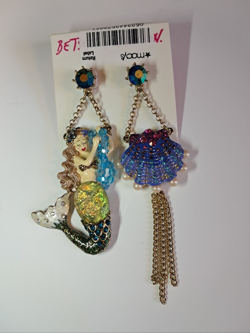 New Betsey Johnson Retired Mermaid Mismatch Earrings - Seashells Blue Crystal
